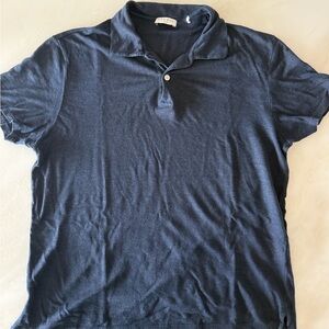 Sandro Paris Mens Linen Baby Blue Size Large Polo Small Flaw Preppy Grunge‎ Boho